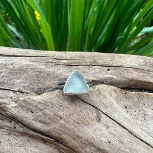 Handmade Sterling silver sea glass ring aqua blue 925 beaded beach coastal